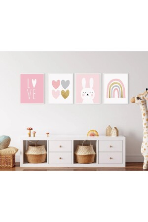 Pembe Tavşan Kalp Gökkuşağı Bebek & Çocuk Odası Mdf Duvar Tablo Seti 4 Parça - Olamia