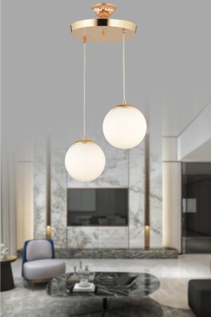 Pendant Lamp 2-Piece Gold White Globe Glass Chandelier 160504000974 - İstanbul Avize