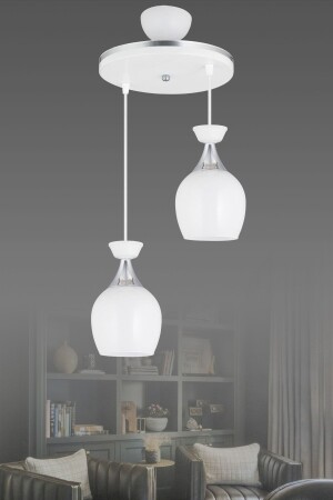 Pendant Lamp Tray 2-Piece White Bell Jar with White Glass and Chrome Strip Modern Chandelier AK00061 - Kraliçe