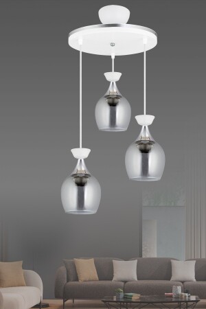 Pendant Lamp Tray 3-Piece White Bell Jar with Smoked Glass and Chrome Strip Modern Chandelier AK00062 - Kraliçe