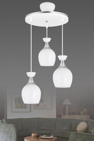 Pendant Lamp Tray 3-Piece White Bell Jar with White Glass and Chrome Strip Modern Chandelier AK00061 - Kraliçe