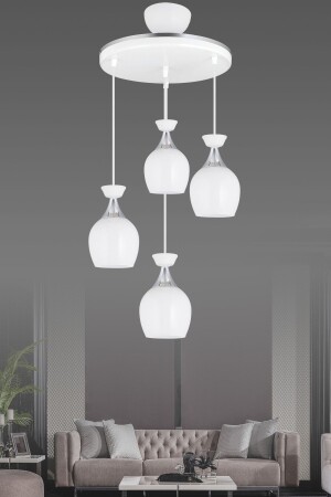Pendant Lamp Tray 4-Piece White Bell Jar with White Glass and Chrome Strip Modern Chandelier AK00061 - Kraliçe