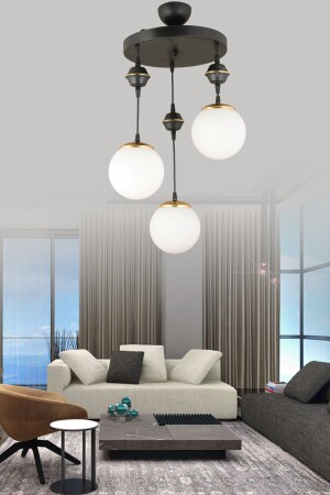 Pendant Lamp Tray Black 3-Piece White Globe Glass Downward Facing Luxury Chandelier - Kardelen Aydinlatma Avize
