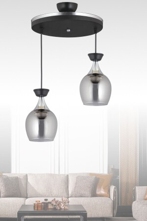 Pendant Lamp Tray Set of 2 Black Bell Jar with Smoked Glass and Chrome Strip Modern Chandelier AK00062 - Kraliçe