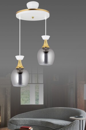 Pendant Lamp Tray Set of 2 White Bell Jar with Smoked Glass and Yellow Stripe Modern Chandelier AK00059 - Kraliçe