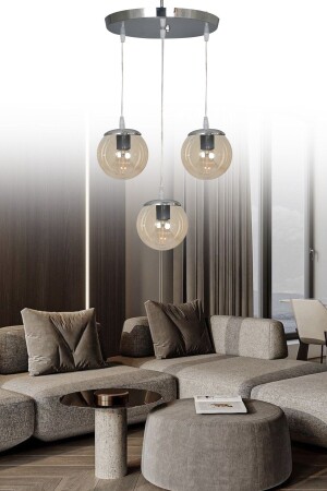 Pendant Lamp Tray Silver 3-Piece Honey Glass Chandelier SEF157 - ŞL Şef Light