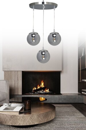Pendant Lamp Tray Silver 3-Piece Smoked Glass Chandelier KROM3 - VEDA AVİZE