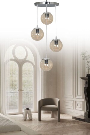 Pendant Lamp Tray Silver 4-Piece Honey Glass Chandelier SEF154 - ŞL Şef Light