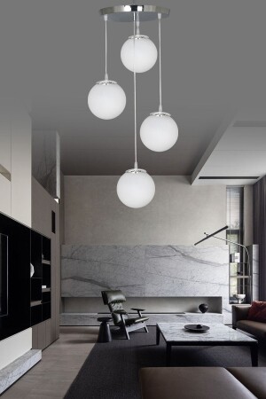 Pendant Lamp Tray Silver 4-Piece White Glass Chandelier - Şl Şef Light