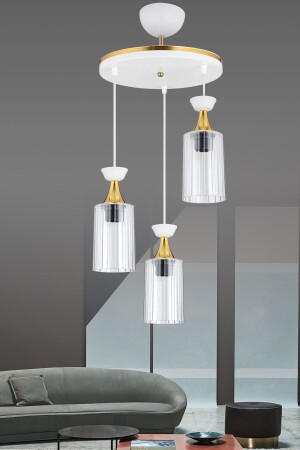 Pendant Lamp Tray White 3 Piece Pipe Mica Transparent Yellow Striped Glass Modern Chandelier AK00064 - Kraliçe