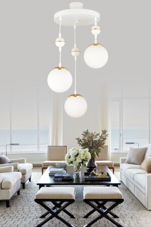 Pendant Lamp Tray White 3-Piece White Globe Glass Downward Facing Luxury Chandelier - Kardelen Aydinlatma Avize