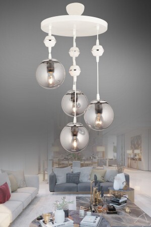 Pendant Lamp Tray White 4-Piece Smoked Globe Glass Chrome Downward Facing Luxury Chandelier 2483 - KARDELEN AYDINLATMA AVİZE