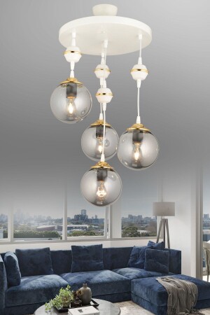 Pendant Lamp Tray White 4-Piece Smoked Globe Glass Downward Facing Luxury Chandelier 03217 - Genel Markalar