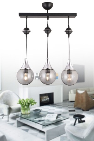 Pendelleuchtenreihe, schwarz, 3-teilig, geräuchertes Kugelglas, Chrom, nach unten gerichteter Luxus-Kronleuchter 5889 - KARDELEN AYDINLATMA AVİZE