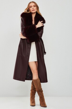 Penelope Women's Burgundy Fur Leather Topcoat - Derimod
