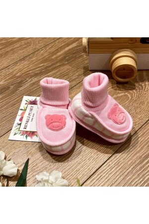 Penye Bebek Patik Süet Teddy Ayı Baskılı Pembe - Renkli Puset