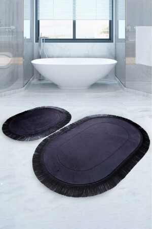 Pera Black 2-Piece Bath Mat Set Non-Slip Base Fringed Tasseled Toilet Bowl Set Pera2liBP - Bonny Home