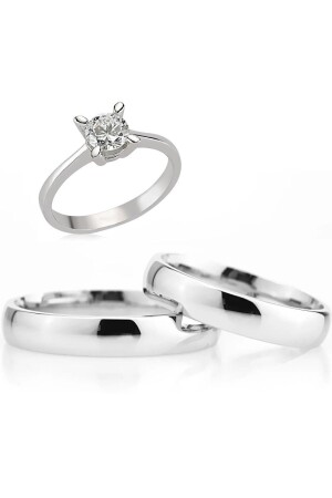 Personalized 4mm Silver Wedding Ring Pair and Solitaire Ring Wr22y - Takı Dükkanı