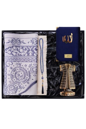 Personalized Dark Blue Quran & Prayer Rug & Pearl Prayer Beads & Figurine Set - Highclass