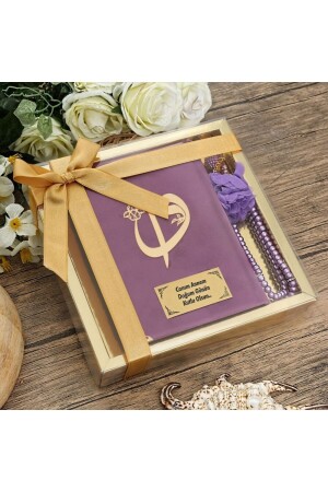Personalized Gift Velvet Covered Holy Quran with Lilac-Pearl Prayer Beads - İkranur