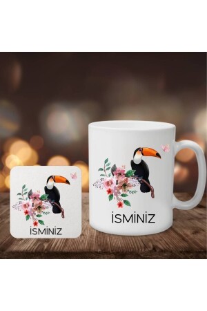 Personalized Name Written Toucan Bird Printed Tea Coffee Cup and Mushroom Coasters Set FSGK1003 - Florence Event