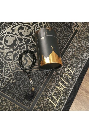 Personalized Ramadan Gift Set Cylinder Box & Pearl Prayer Beads & Taffeta Prayer Rug - Black - İkranur