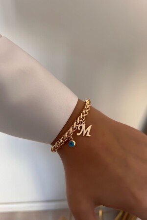 Personalized Thick Chain Bracelet with M Letter and Evil Eye - Trendy Butik