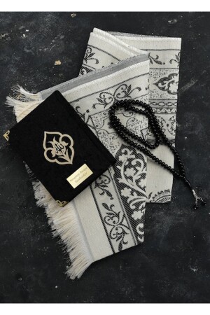 Personalized Velvet Black Quran & Prayer Rug & Pearl Prayer Beads Set - Highclass