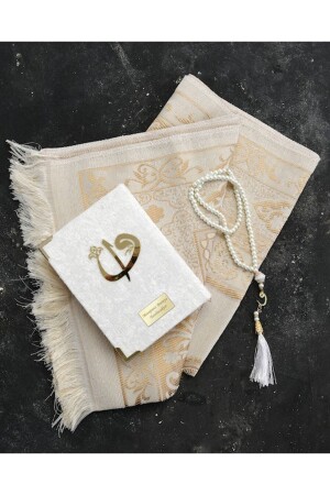 Personalized Velvet Cream Quran & Prayer Rug & Pearl Prayer Beads Set - Highclass