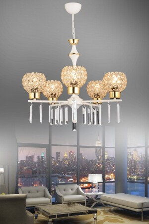Pervaneli 5'li Beyaz Optigon Kafa Lüks Kristal Taşlı Avize TYC00856653500 - Kraliçe