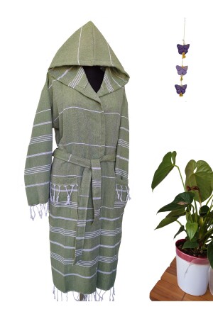 Peshtemal Bathrobe - Olive Green - Nuray Pattern - 100% Cotton - Peştanoz