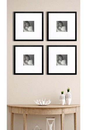 Photo Frame Set 4 Pieces 40x40 Cm Internal Size 15x15 Black Frame White Passepartout Glass - Tuğra Sanat Galerisi