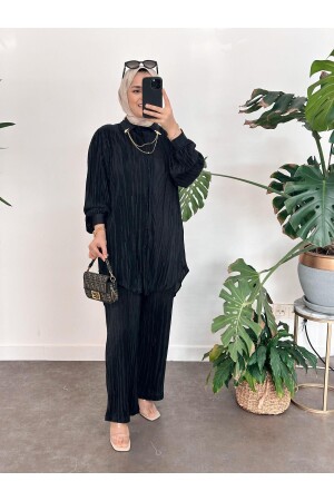 Pileli Saten Takım Siyah - Asel Fashion