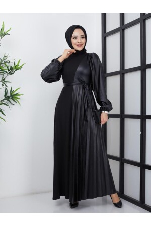 Pilis Detail Leather Combination Dress - Moda Krash