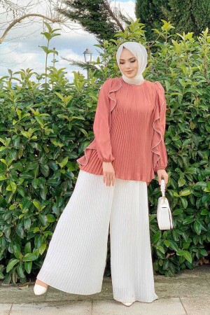 Piliseli Fırfırlı Şerit Detaylı Bisiklet Yaka Bluz 2627 Gül Kurusu - Bym Fashion