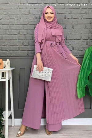 Piliseli Şifon Pelerin Detay Bel Kuşaklı Tulum 3498 Pudra - Bym Fashion