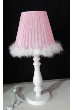 Pink and White Feathered White Wooden Leg Bedroom Children's Room Baby Room Lampshade 3333320 - TEKAY AYDINLATMA