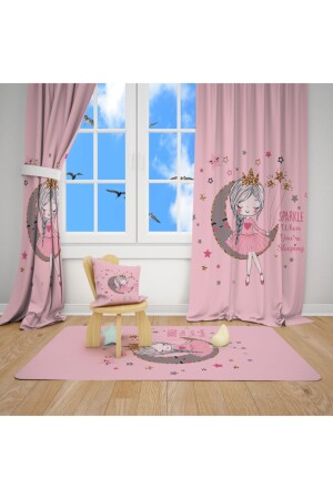 Pink Ayda Girl's Room Set (Background Curtain - Bedspread and Pillow - Carpet) EHKOMBİN103 - EVSEHOMES
