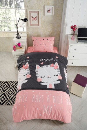 Pink-black Single Child Duvet Cover Set with Elastic Cotton Cat Pattern Sheets - Laliva