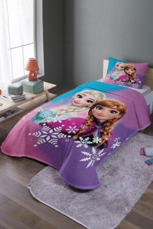 Pink Blue Elsa Patterned Single Bedspread and Pique Set - Evpanya