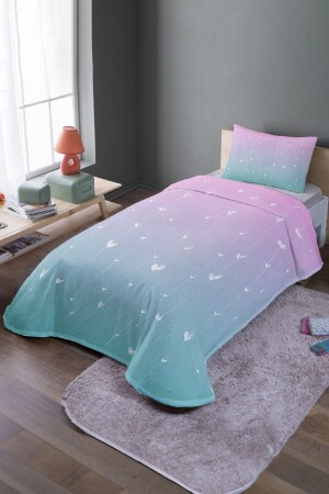 Pink Blue Hearts Patterned Single Duvet Cover Set and Bedspread - Evpanya