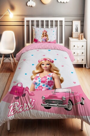 Pink Car Barbi Patterned Single Baby Kids Duvet Cover Set - Evpanya