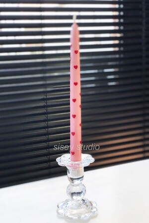 Pink Colored Heart Patterned Hand-Drawn Handmade Candlestick Scented Candle - Julith