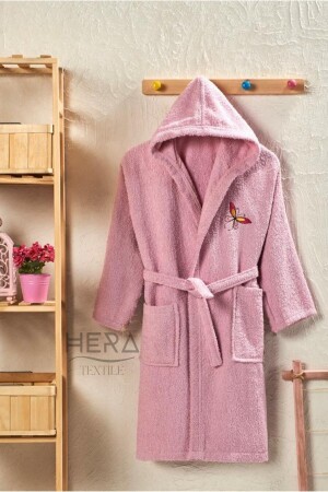 Pink Cotton Boys' and Girls' Young Children's Bathrobe with Hooded and Belt - Hera