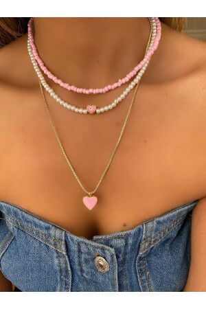 Pink Enameled Heart Pearl Detail Triple Set Necklace / Women's Multiple Set Necklace - Lucky Designs