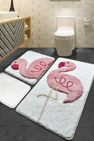 Pınk Flamıngo 3lü Set Banyo Halısı Yıkanabilir, Kaymaz Taban 8694545033696 - Chilai Home