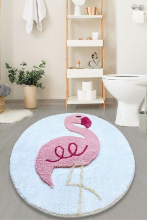 Pınk Flamingo Round 90x90 Cm Bathroom Rug Washable, Non-Slip Base 8694545033702 - Chilai Home