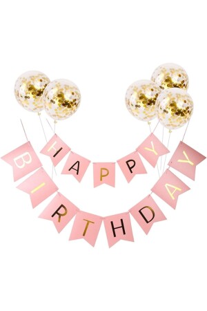 Pink Gold Gilded Happy Birthday Banner with Birthday Text and 5 Gold Confetti Transparent Balloons - Huzur Party Store