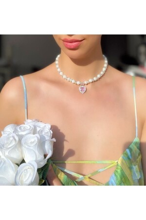 Pink Heart Necklace with Pearl and Shiny Stone pinkylady156 - Pinky Lady