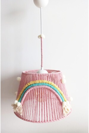 Pink Macrame String Wrapped Rainbow Appliqued Ecru Pompom Design Baby and Kids Room Chandelier 153VZ - C&A